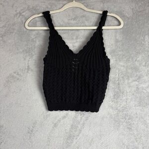 H&M Black Crochet Knit Tank Top V-Neck Scalloped Trim Pointelle Sleeveless Small